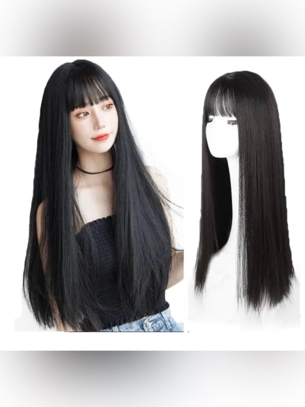 Women’s Black Long Straight Synthetic Wig with Air Bangs